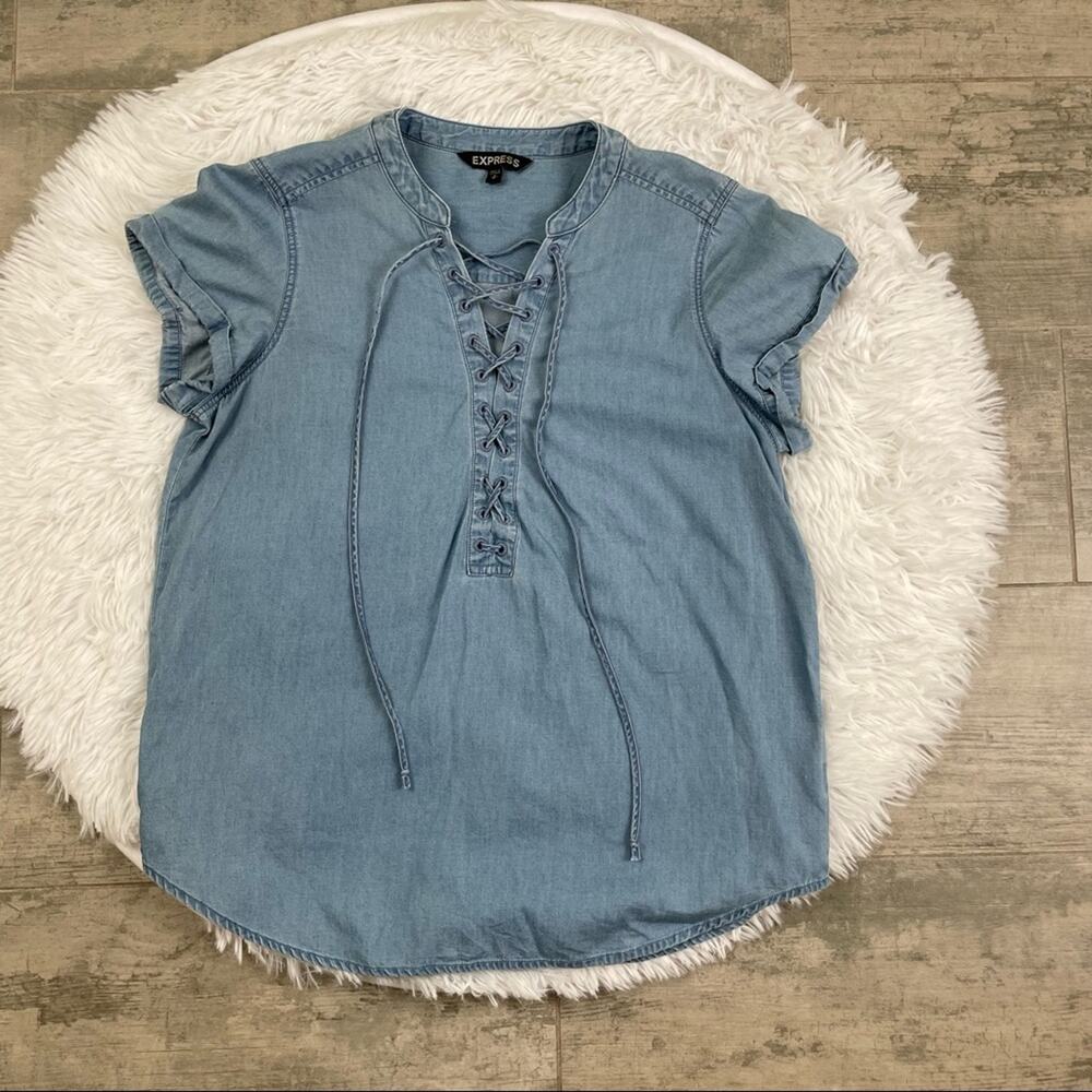 EXPRESS Chambray Shirt Top Front Tie Size Small